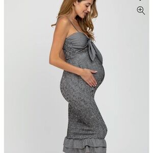 Black Gingham Print Smocked Fitted Self-Tie Maternity Midi Dress